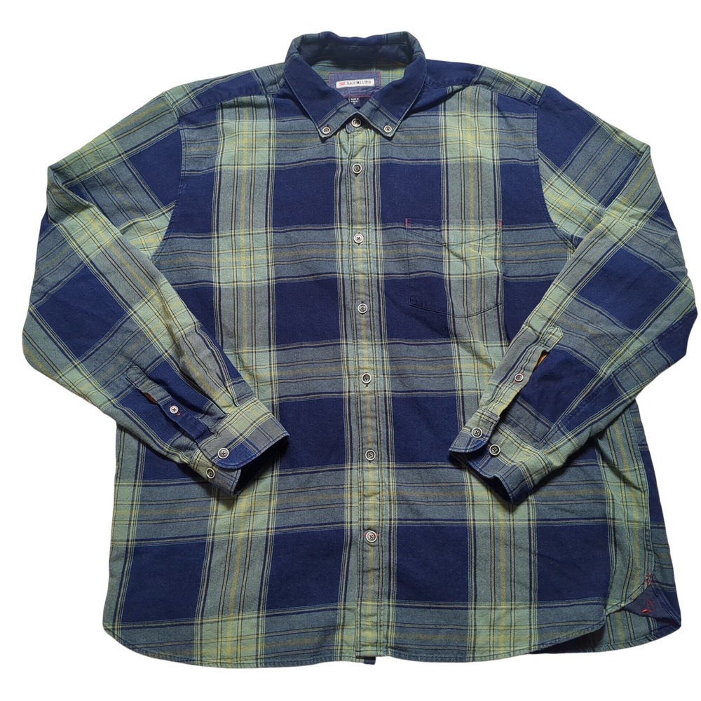 32 Bar Blues Men XL Plaid Flannel Shirt Blue Green 100%‎ Cotton Long Sleeve
